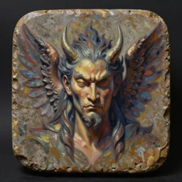 polished rectangular round edged stone with demon wings and a barely visible demon face, oil painting, detailed