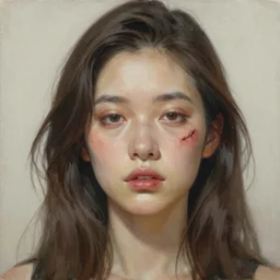 portrait of a woman with a large obvious scar on her left cheek and lips, chin-length hair, bored, illustration, soft lighting, soft details, high detailed, painting oil on canvas by mark arian by artgerm, trending on artstation, 4k, 8k, HD