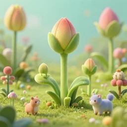 a beautiful picture of close up plant sprouts in a fantasy world full of interesting buds fictional and gorgeous, cute animals walking nearby, 8 k resolution, highly detailed, hdr, artwork, trending on artstation, kinetic art, modular constructivism
