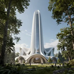 a cathredal designed by Zaha Hadid, standing tall in a forest, digital art, unreal engine 5, high resolution, 4k, realistic
