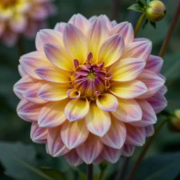 an op art rendering of a colorful dahlia. posterized.