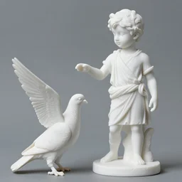 realistic photo of a a boy with a pigeons, ancient greek sculpture realistic doll made of white detailed clay and black wooden brushwood, 1 9 6 0, life magazine photo, natural colors, metropolitan museum, kodak