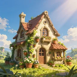 an illustration of the small medieval fantasy garden house with many cute flower pots and beautiful blue sky scenery, cinematic view, epic sky, detailed, concept art, low angle, high detail, warm lighting, volumetric, godrays, vivid, beautiful, trending on artstation, by jordan grimmer, huge scene, grass, art greg rutkowski
