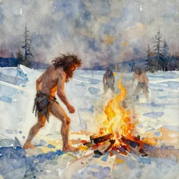 abstract watercolor painting of prehistoric caveman, icescape, fire hearth, desolation, paint brush strokes,, art by hans dahl and jesper ejsing and anders zorn, wonderful masterpiece by greg rutkowski, cinematic light, american romanticism by greg manchess, creation by tyler edlin