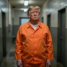 a beautifull photographic still of donald trump in orange prisonner uniform looking into the distance + filthy and humid prison, natural prison light, by terry richardson