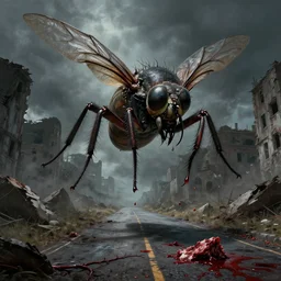 Giant Culicidae monster flying in the road of the ruined city. Drops of blood and meat with veins on the road. Ruins. Dark colors, high detail, hyperrealism, horror art, 8k, concept art, intricate details, octane render. Zdzisław Beksiński painting, art by Hans Rudolf Giger, masterpiece