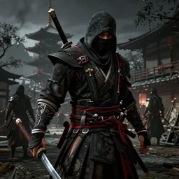 Ingame Screenshot of Assassins' Creed 6: Tokyo Shinobi, for ps5, Dark, Highly Detailed, Feudal era Japan, Shinobi, Ninja, Tokyo, Ghost of Tsushima and Sekiro as references, Wielding Kunai, Unreal engine 5, HD, Ultra Graphic settings, 8k, GTX 3090, 🔥 😎 🕹️ 👀  :2 ,Ninja, Stealth, Shinobi, Smoke :4