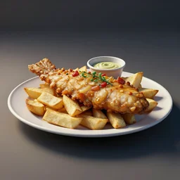 Wireframe render of a plate of fish and chips, 3DS max