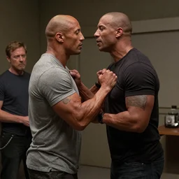 film still, dwayne johnson grabbing the throat of patrick stewart in a new netflix psychological thriller movie, wide shot