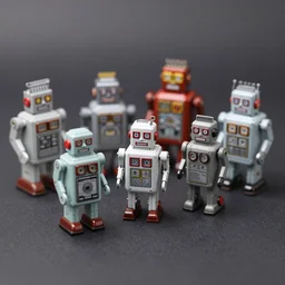 miniature figurines of 1 9 5 0 s robot toys, tilt shift, product photography