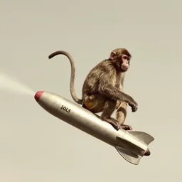 1800s photo of a monkey riding a missile through the sky