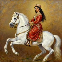a painting of a!! kurdish!! woman riding a beautiful white horse, an oil on canvas painting by raja ravi varma, award winning art, featured on deviantart, qajar art, detailed painting, oil on canvas, acrylic art, extremely detailed, incredibly intricate, elegant