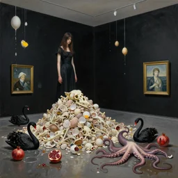 painting of a flooded art gallery room at an art gallery, black walls, a tall emo woman guarding a massive pile of shells and bones, black swans, raw eggs dripping down walls, broke egg shells, sensual, octopus tentacles coming from puddles, pomegranates, zen, surrealist, by magritte and monet