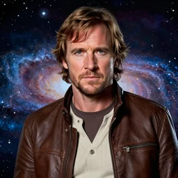dexter morgan as han solo, galaxy background, 8 0's portrait style
