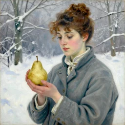 vintage beautiful painting of a woman holding a pear in a winter colour themed palette in Mary Cassatt style