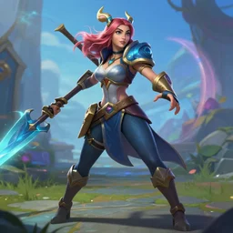 an action shot full focused on Sophie turner as Miss Fortune in League of Legends, 4K, cinema, imax, hyperreal, full body shot