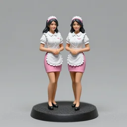 80mm resin detailed miniature of two Waitresses, white blouse, pink tight mini-skirt, white apron, tights skin, smile, on textured base; store website, eBay, Full body;