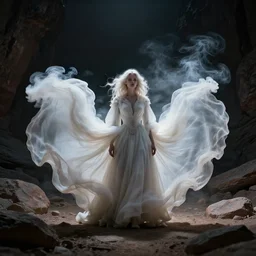 1 9 7 0's artistic western movie, a woman in a giant billowy wide flowing waving dress made out of white smoke, standing inside a dark western rocky scenic landscape, volumetric lighting