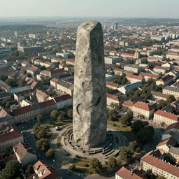 an out-of-place alien monolith in a traditionally eastern european cityscape, dystopic, 4K aerial view