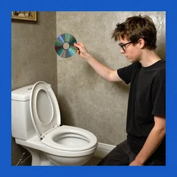 white boy with brown hair and glasses throwing a cd into a toilet, scott wozniak, scott the woz!!!!!!, renaissance painting, blue border around image