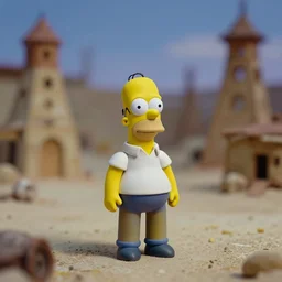 miniature homer simpson in mos eisley, cinestill 8 0 0 t, 8 5 mm f / 1. 8, bokeh, cinematic