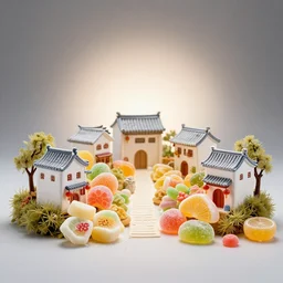 professional studio photo of small village made sweets and candys, ultra High resolution, bokeh effect, light studio photo