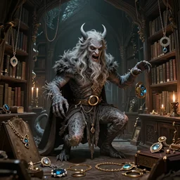 a ring wraith from lord of the rings film and dementor from Harry Potter hybrid monster that sucks joy from others when it enters a room and is a bit of a kleptomaniac when it comes to jewelry inside a library in a dungeons and dragons illustration