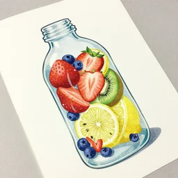 ( ( dither ) ), editorial illustration strawberries blueberries sliced kiwi sliced lemon inside a clear drinking bottle, isometric, modern art deco, ( ( mads berg ) ), detailed, dynamic composition, wide angle, matte print, film grain, art nouveau