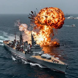 dieselpunk naval battle, ships exploding, huge fireballs everywhere, aerial view, wide shot cinematic, high detail, 35mm black and white film photograph
