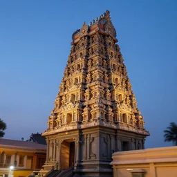 a super high - rise hindu temple, panning shot, dusk, by corbusier