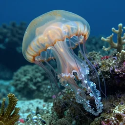 underwater photograph of a skull shaped jellyfish, shallow waters, strange, hyper detailed, mutant, tendrils, tentacles, tropical reef