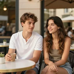A handsome young man and an attractive young woman sitting outside a cafe in the late summer afternoon.