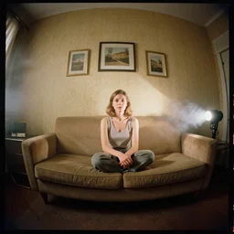 kodak portra 4 0 0, wetplate, flashlight, 8 mm extreme fisheye, award - winning colour portrait by britt marling : a sunlit 1 9 6 0 s room, 1 9 6 0 s couch, quadratic quadratic picture frames, haze, wallpaper, 1 9 6 0 s metal furniture, smoke, fog, no people