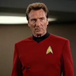 Liam Neeson as Captain Picard from Star Trek The Next Generation, wearing a red captain's uniform