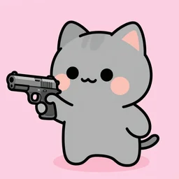 cute grey cat holding pistol, comic style, video game, pink background