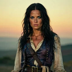 an award winning outdoors portrait photo of a blue eyed tanned greek smug 1 7 0 0 s dirty caribbean italian olive tanned pirate woman with black smooth hair, slightly big nose defined jaw, very beautiful, smug face, blue eyes, wearing a vest and short coat, sunset, movie color graded
