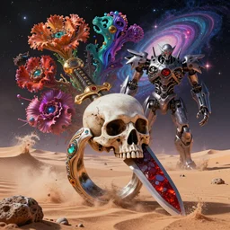 by artgerm and agostino arrivabene, visually stunning, cinematic, ultra realistic, hyper realism, 1 2 k, epic, octane render, unreal engine, vfx, maya, desert waves, skull ring, bloodstone dagger, deep space, cosmos, psychedelic flowers, organic, oni compound artwork, sparkling hornwort, broken android kannon mindar