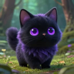 ultra - realistic ultra - detailed adorable cute fluffy bioluminescent black cat in the style of ghibli kazuo oga, colorful fur, big ears, big purple eyes, forest landscape, dof, soft lighting, unreal engine, octane render