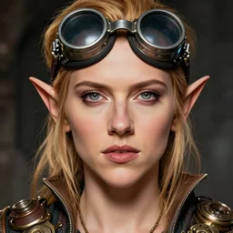 head and shoulders portrait, female artificer, gray eyes, welding goggles on forehead, emily blunt scarlett johansson hybrid, elf, d & d, steampunk, by donato giancola, facial detail, extremely detailed, comic book cover photo