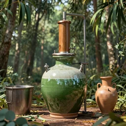 a large ceramic still distilling eucalyptus into green oil, amphora, eucalyptus forest background, vat, alchemical still, 3 d render, atmospheric, dynamic lighting, - n 5