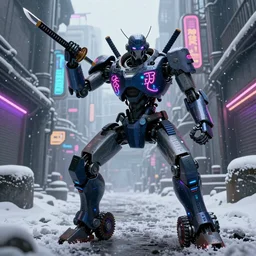 a samurai robot with neon kanji tattoos and wheel legs gripping a perfectly detailed full-length katana in their hand with a badass pose , cel animation , Snowy Grungy neon cyberpunk alleyways in the background Badass pose , Photo realistic , Gregory Crewdson , Award winning. Masterpiece, exquisite detail, post processing