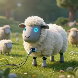 wide - shot of adorable fluffy, electric robot sheep!! in a field!!, charging wires, glowing diods, greg simkins, jean luc, android jones, rutkowsky, matte painting, steam lighting, render, hyperrealistic, highly detailed, accurate