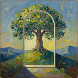 a beautiful painting of a portal to infinite creativity, magical tree of life centered on a hill, abstract landscape, 8 k, symmetrical, photorealism, hyper detailed
