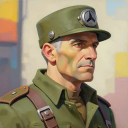 greg manchess close - up portrait painting of a beautiful older male dieselpunk soldier with olive green skin as an overwatch character, medium shot, asymmetrical, profile picture, organic painting, sunny day, matte painting, bold shapes, hard edges, street art, trending on artstation, by huang guangjian and gil elvgren and sachin teng