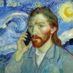 portrait of jesus christ talking on the phone, style of van gogh