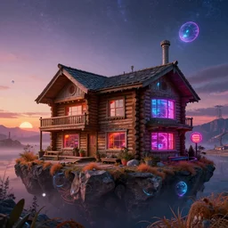 a beautiful detailed rendering of log house building by denise scott brown, at dawn galactic infrared cosmic san andreas architecture island neon signs at dusk meadow evil vice city crystal dieselpunk fisheye matte painting biopunk tron thermal vision myst futuristic cyberpunk sunset apocalyptic, archdaily, wallpaper, highly detailed, trending on artstation.