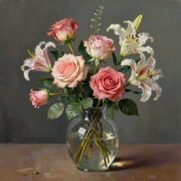 beautiful digital matter cinematic painting of whimsical botanical illustration of roses and lilies in a round glass vase, whimsical scene bygreg rutkowki artstation