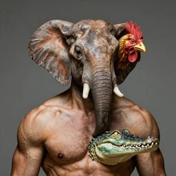 portrait of muscular animal human merged head skin ears, no background, scales skin dog, cat merged elephant head cow, chicken face morphed fish head, gills, horse head animal merge, morphing dog head, animal eyes, merging crocodile head, anthropomorphic creature
