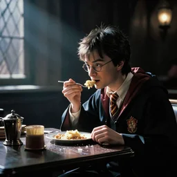 Harry potter film, a scene where Harry is eating only alone in a dark diner