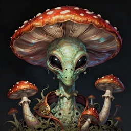 iconic hybrid infected mushroom alien head, in style of Midjourney, stylized, detailed and intricate, elegant, ornate, horror, elite, ominous, haunting, beautiful digital painting, cinematic, cgsociety, Jama Jurabaev, H.R. Giger, Zdizslaw Beksinski, James jean, Noah Bradley, Darius Zawadzki, vivid colors and vibrant outlines